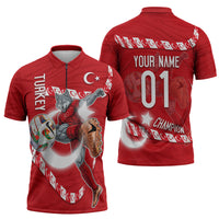 Personalized Turkey Football Bozkurt Mascot Zipper Polo Shirt Turkish Flag Crescent Moon Red And White Comic Art