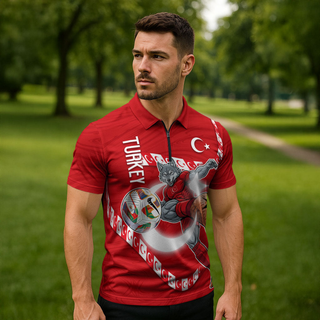 Personalized Turkey Football Bozkurt Mascot Zipper Polo Shirt Turkish Flag Crescent Moon Red And White Comic Art