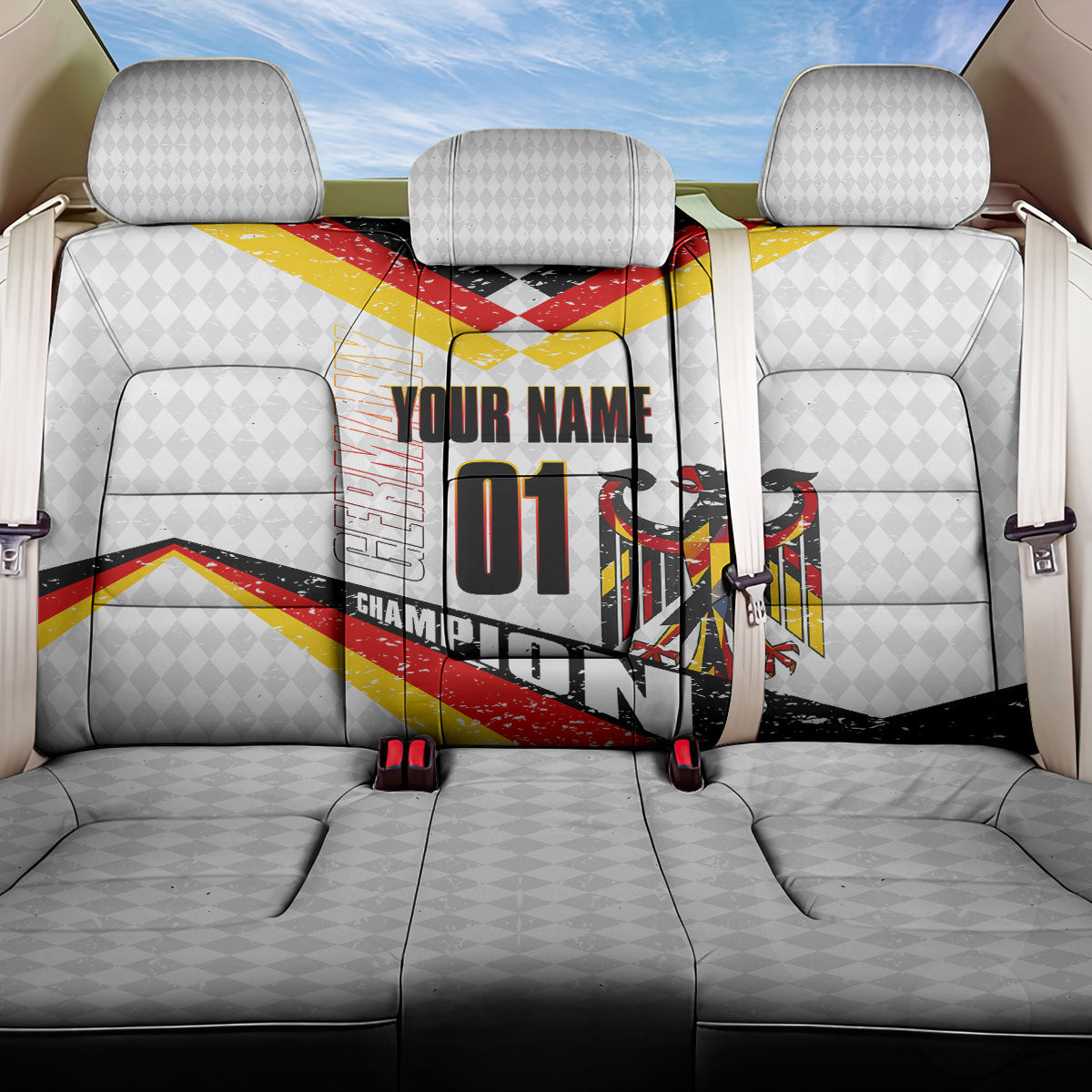 Personalized Germany Football Bear Mascot Back Car Seat Cover Germany Flag Eagle Shield Distressed Comic Art