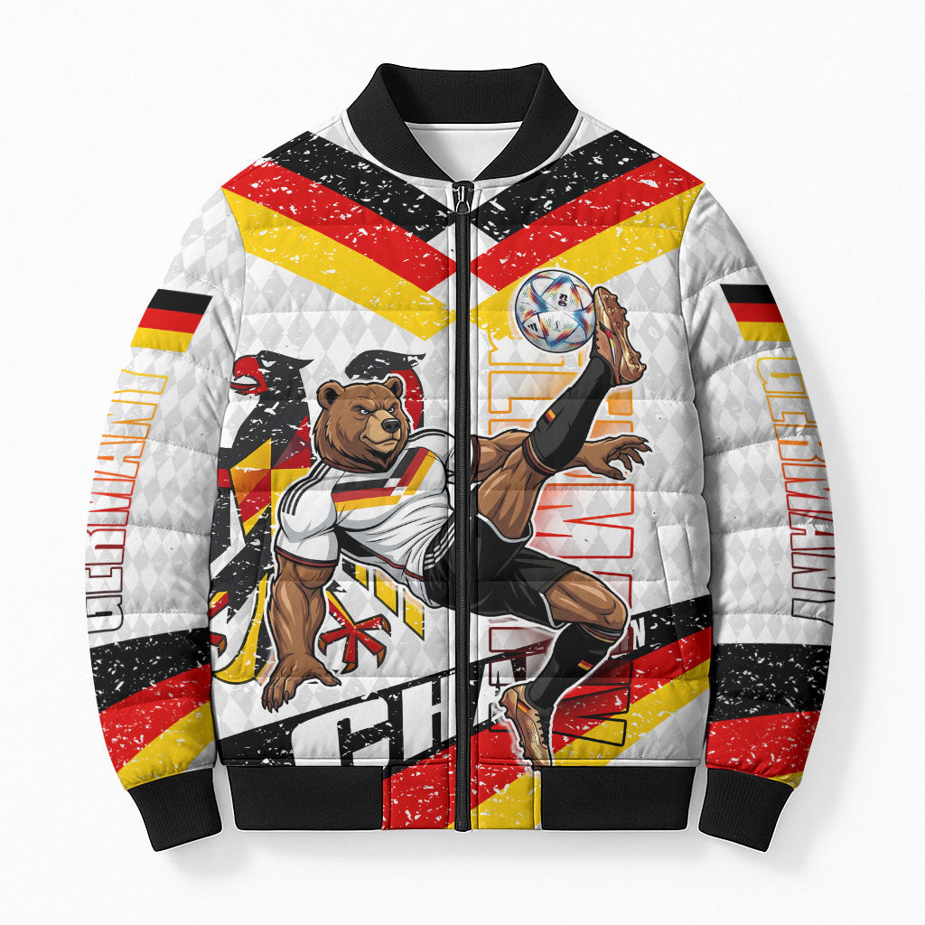 Personalized Germany Football Bear Mascot Bomber Puffer Jacket Germany Flag Eagle Shield Distressed Comic Art