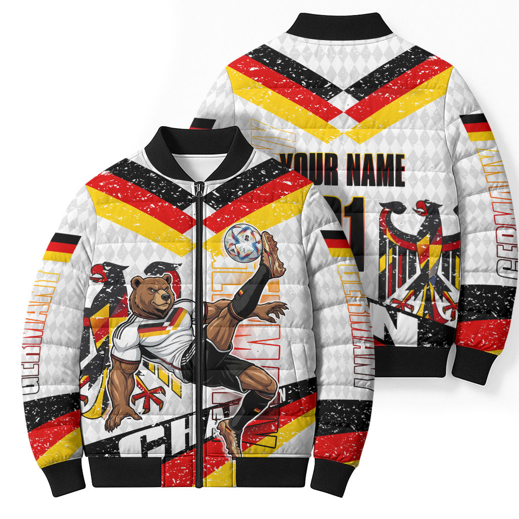 Personalized Germany Football Bear Mascot Bomber Puffer Jacket Germany Flag Eagle Shield Distressed Comic Art