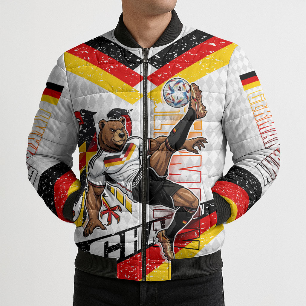 Personalized Germany Football Bear Mascot Bomber Puffer Jacket Germany Flag Eagle Shield Distressed Comic Art