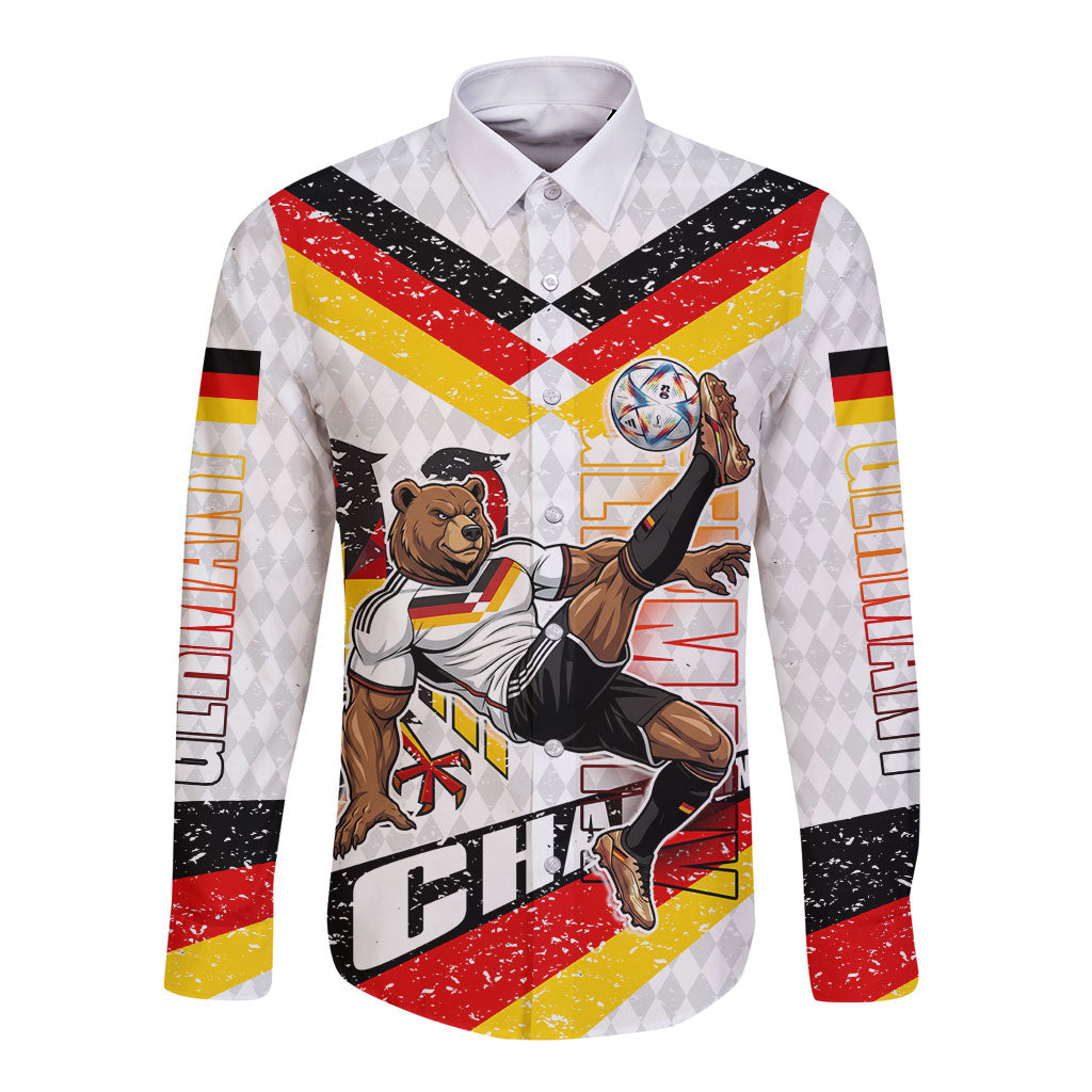 Personalized Germany Football Bear Mascot Long Sleeve Button Shirt Germany Flag Eagle Shield Distressed Comic Art