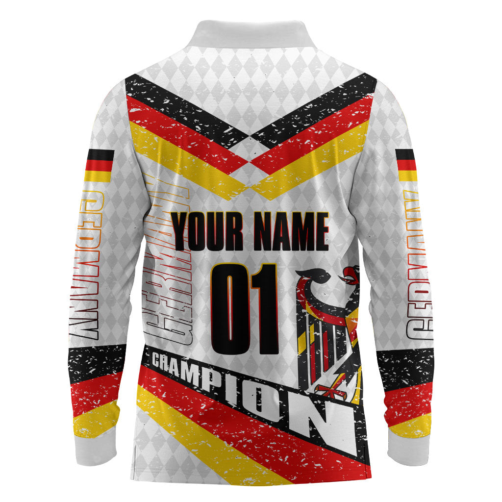 Personalized Germany Football Bear Mascot Long Sleeve Polo Shirt Germany Flag Eagle Shield Distressed Comic Art