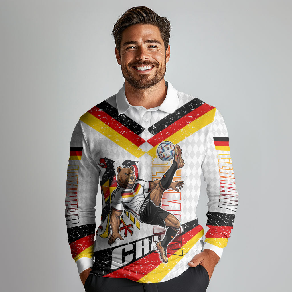 Personalized Germany Football Bear Mascot Long Sleeve Polo Shirt Germany Flag Eagle Shield Distressed Comic Art