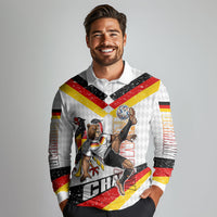 Personalized Germany Football Bear Mascot Long Sleeve Polo Shirt Germany Flag Eagle Shield Distressed Comic Art