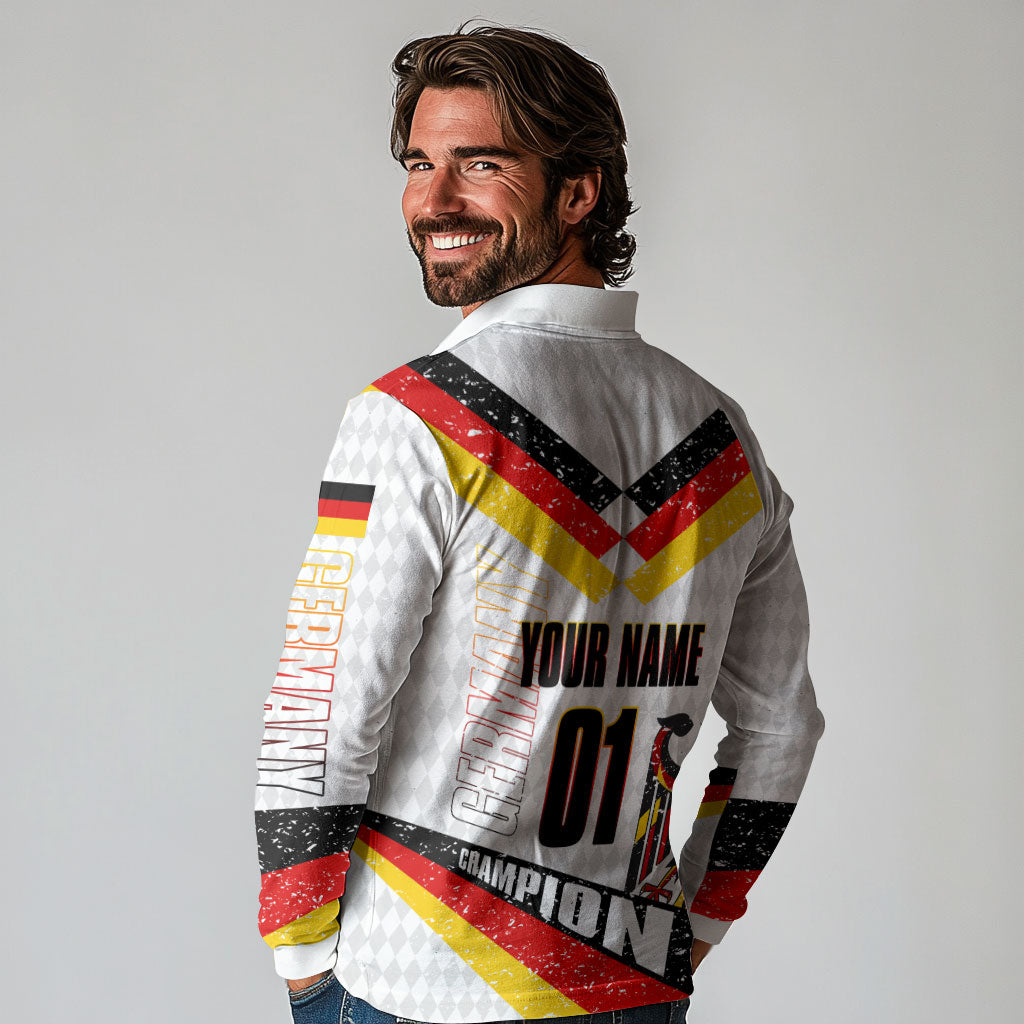 Personalized Germany Football Bear Mascot Long Sleeve Polo Shirt Germany Flag Eagle Shield Distressed Comic Art
