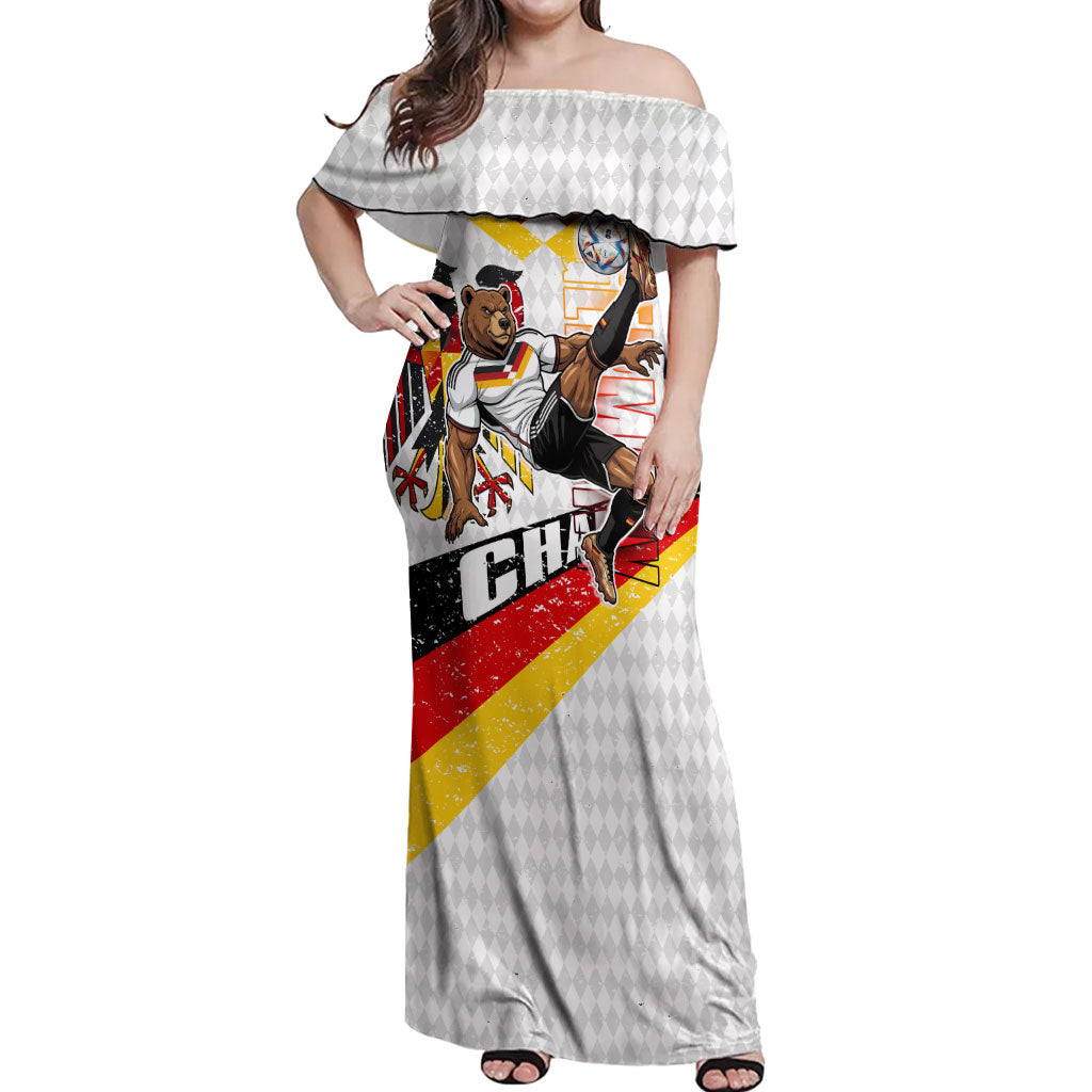 Personalized Germany Football Bear Mascot Off Shoulder Maxi Dress Germany Flag Eagle Shield Distressed Comic Art