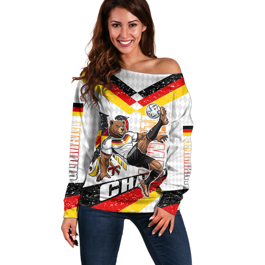 Personalized Germany Football Bear Mascot Off Shoulder Sweater Germany Flag Eagle Shield Distressed Comic Art
