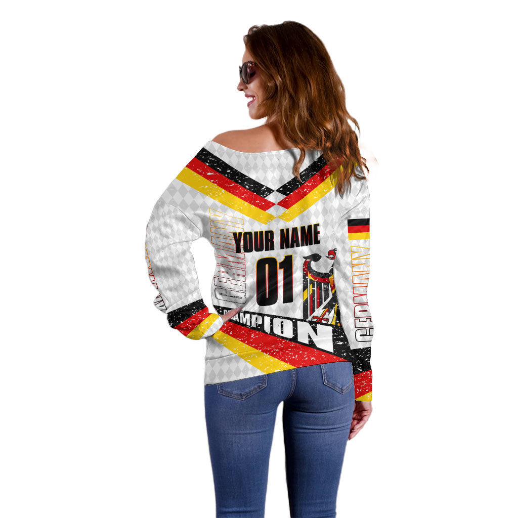 Personalized Germany Football Bear Mascot Off Shoulder Sweater Germany Flag Eagle Shield Distressed Comic Art