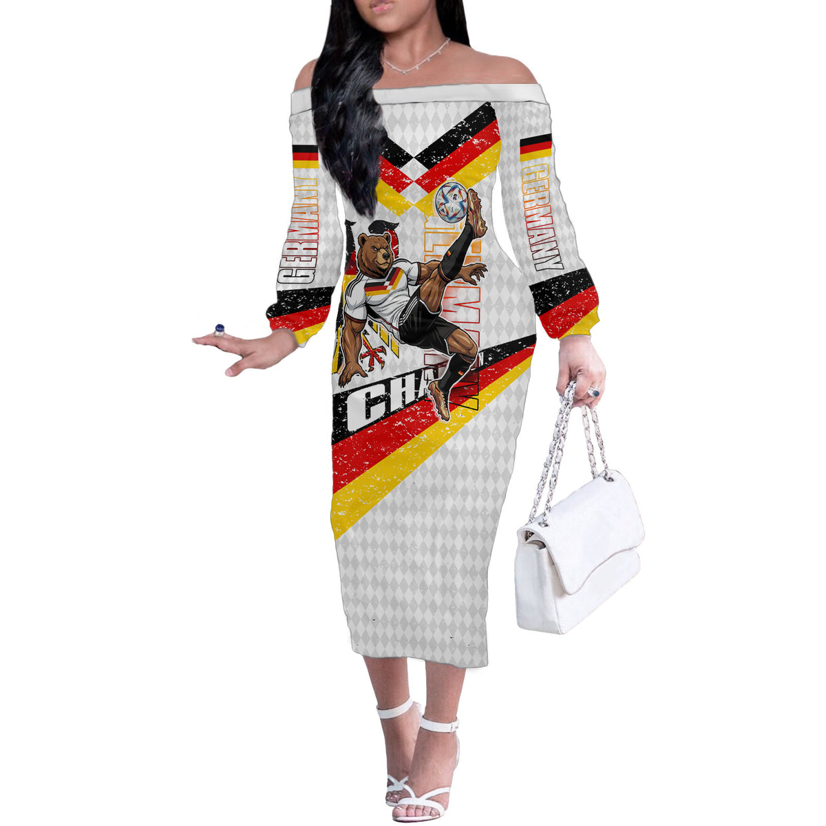 Personalized Germany Football Bear Mascot Off The Shoulder Long Sleeve Dress Germany Flag Eagle Shield Distressed Comic Art