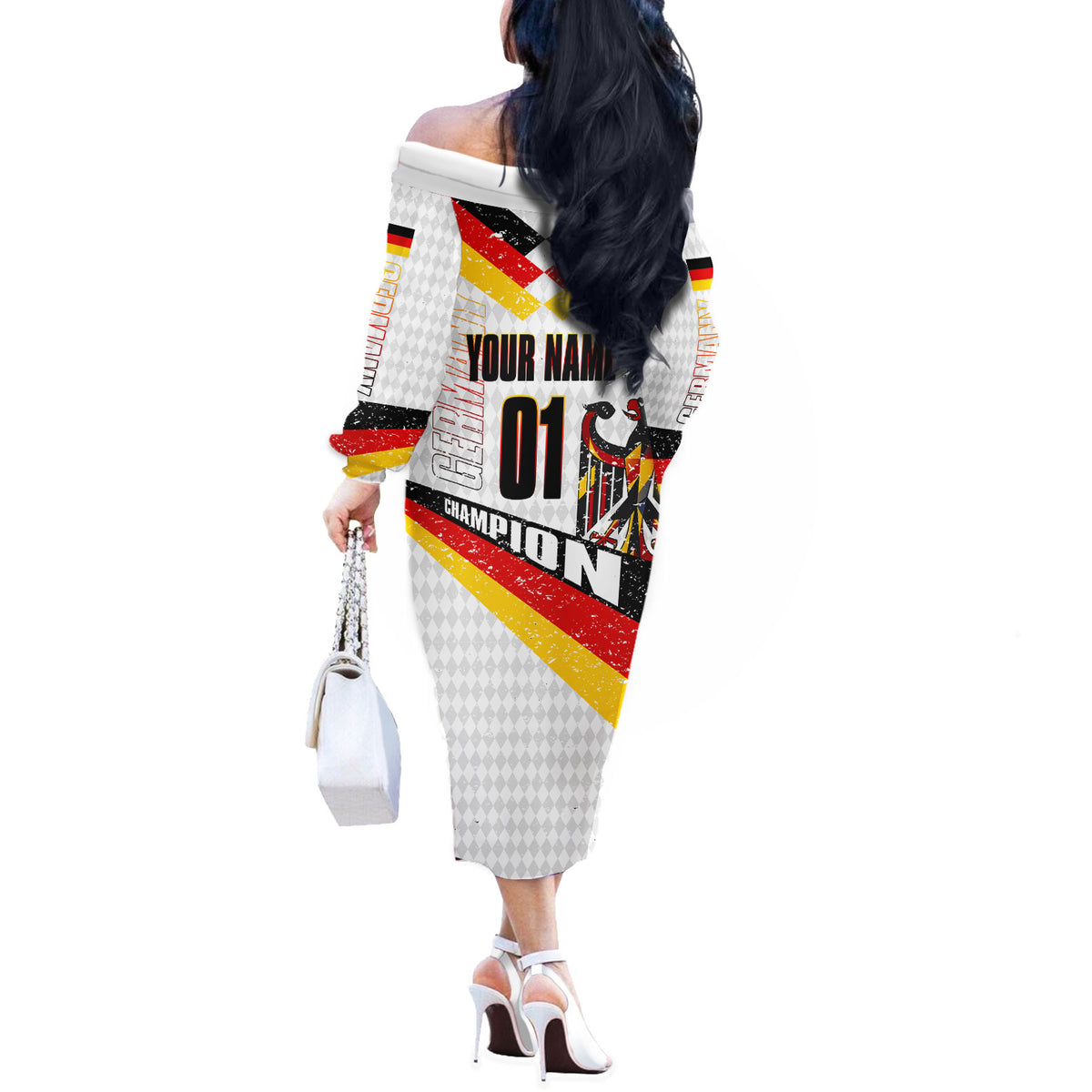 Personalized Germany Football Bear Mascot Off The Shoulder Long Sleeve Dress Germany Flag Eagle Shield Distressed Comic Art