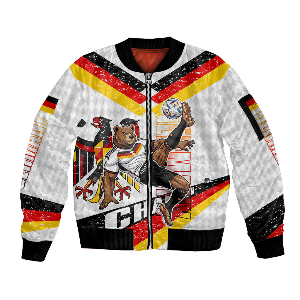 Personalized Germany Football Bear Mascot Sleeve Zip Bomber Jacket Germany Flag Eagle Shield Distressed Comic Art