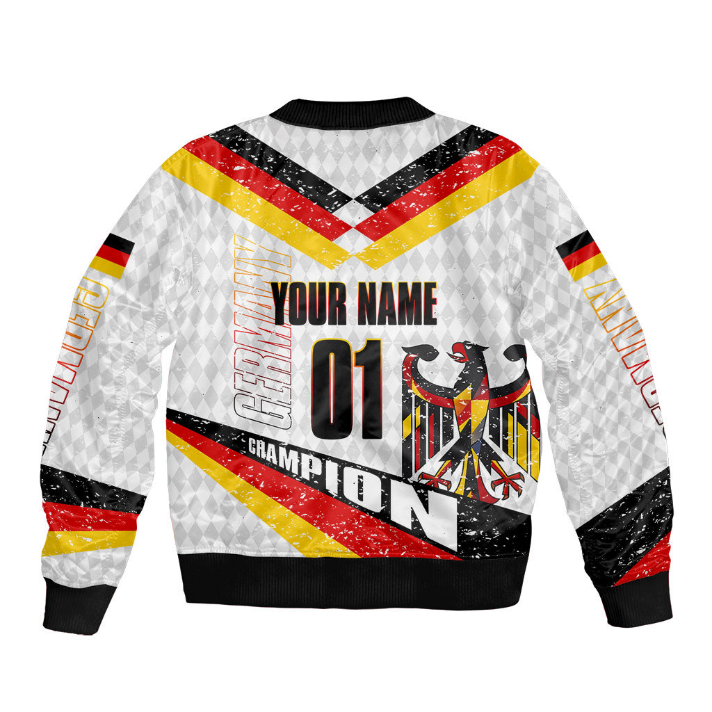 Personalized Germany Football Bear Mascot Sleeve Zip Bomber Jacket Germany Flag Eagle Shield Distressed Comic Art
