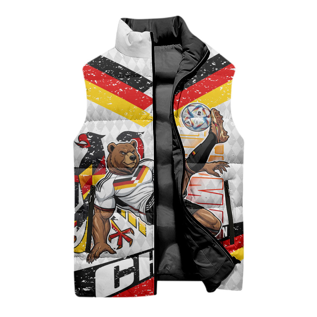 Personalized Germany Football Bear Mascot Sleeveless Puffer Jacket Germany Flag Eagle Shield Distressed Comic Art