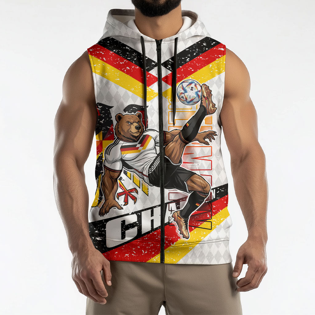 Personalized Germany Football Bear Mascot Sleeveless Zip Hoodie Germany Flag Eagle Shield Distressed Comic Art
