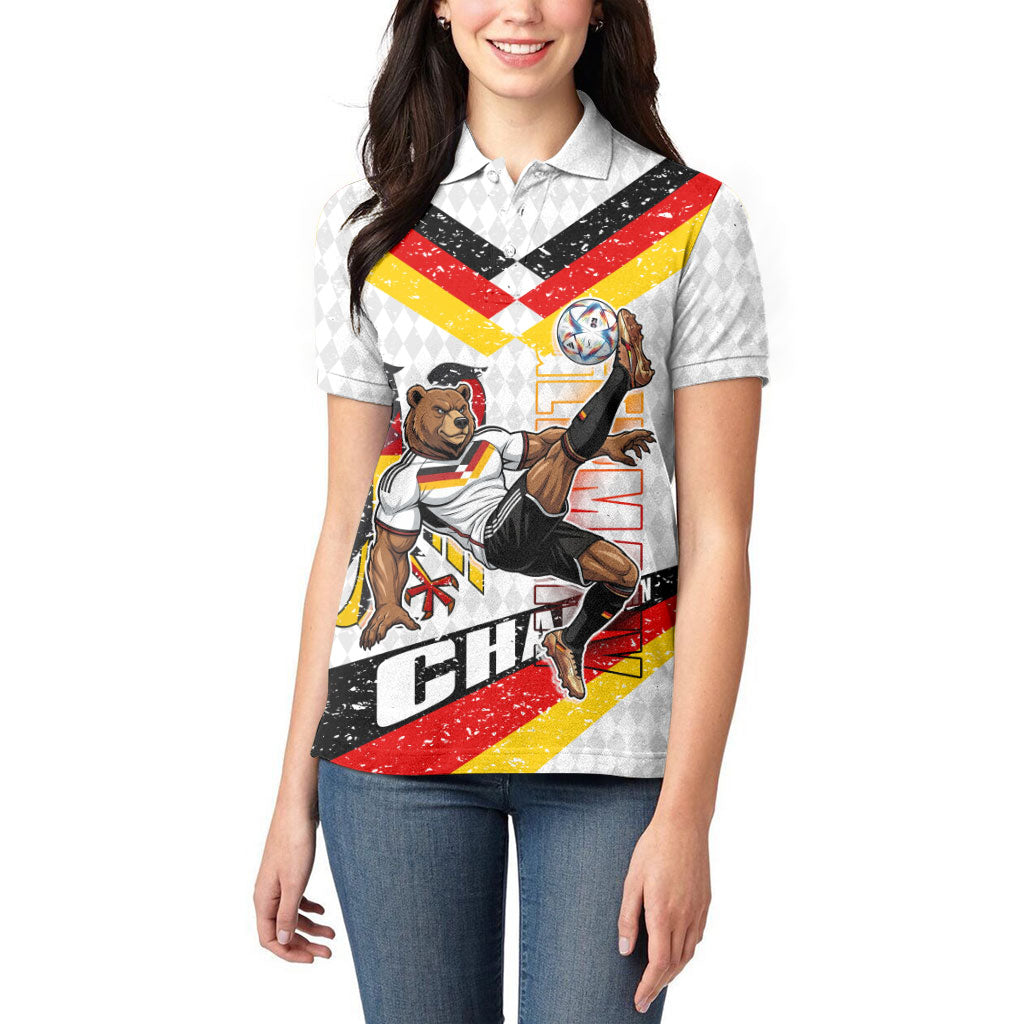 Personalized Germany Football Bear Mascot Women Polo Shirt Germany Flag Eagle Shield Distressed Comic Art