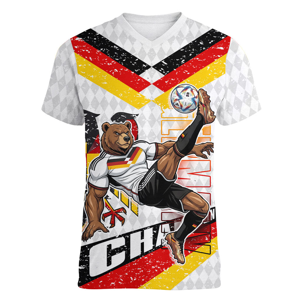 Personalized Germany Football Bear Mascot Women V-Neck T-Shirt Germany Flag Eagle Shield Distressed Comic Art