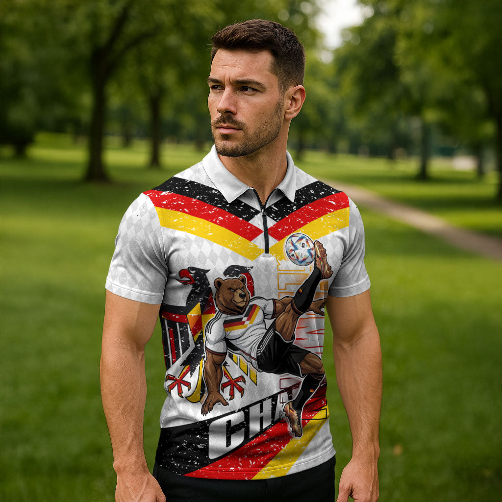 Personalized Germany Football Bear Mascot Zipper Polo Shirt Germany Flag Eagle Shield Distressed Comic Art