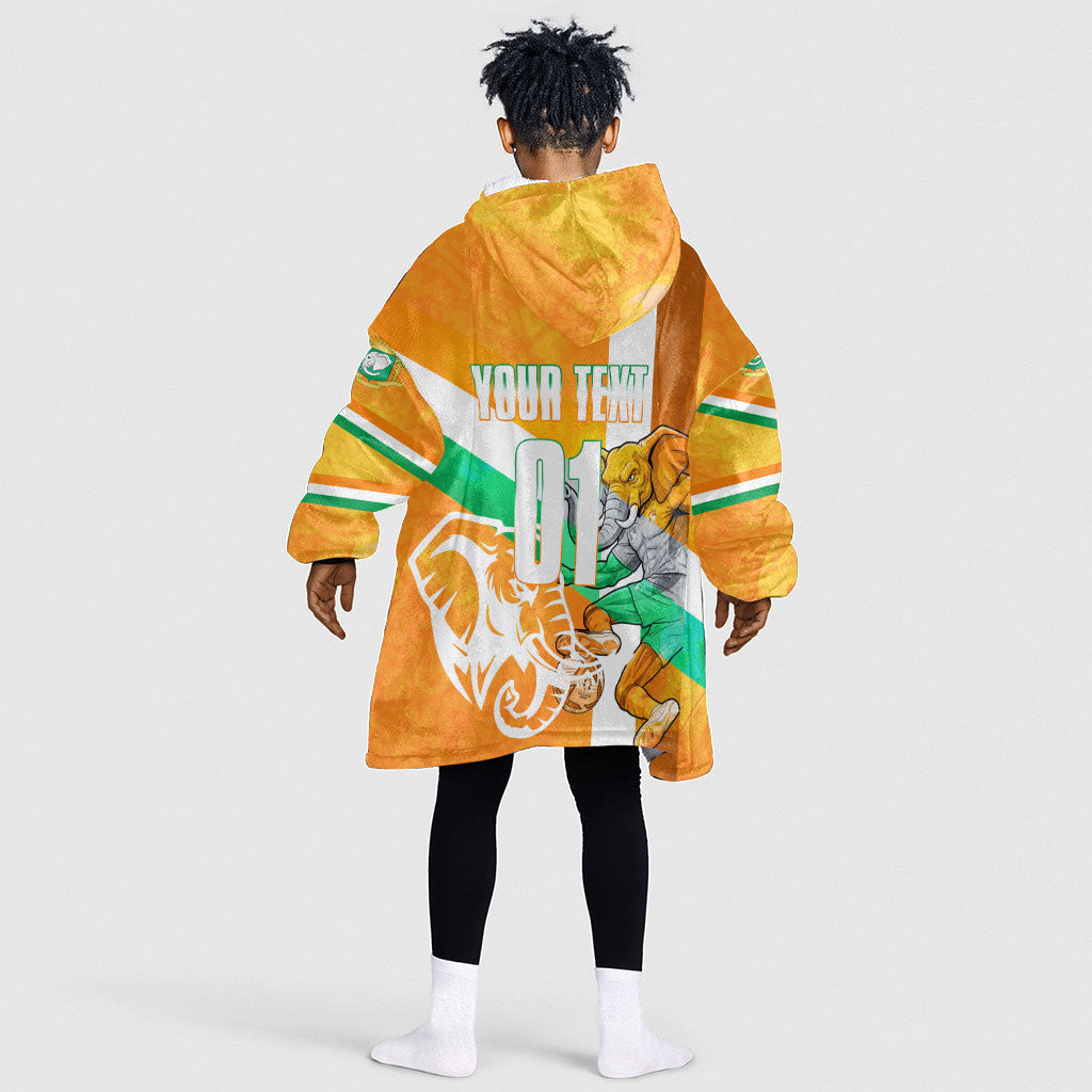Personalized Ivory Coast Football Kid Wearable Blanket Hoodie Elephant Mascot Flag - Comic Style Graphic