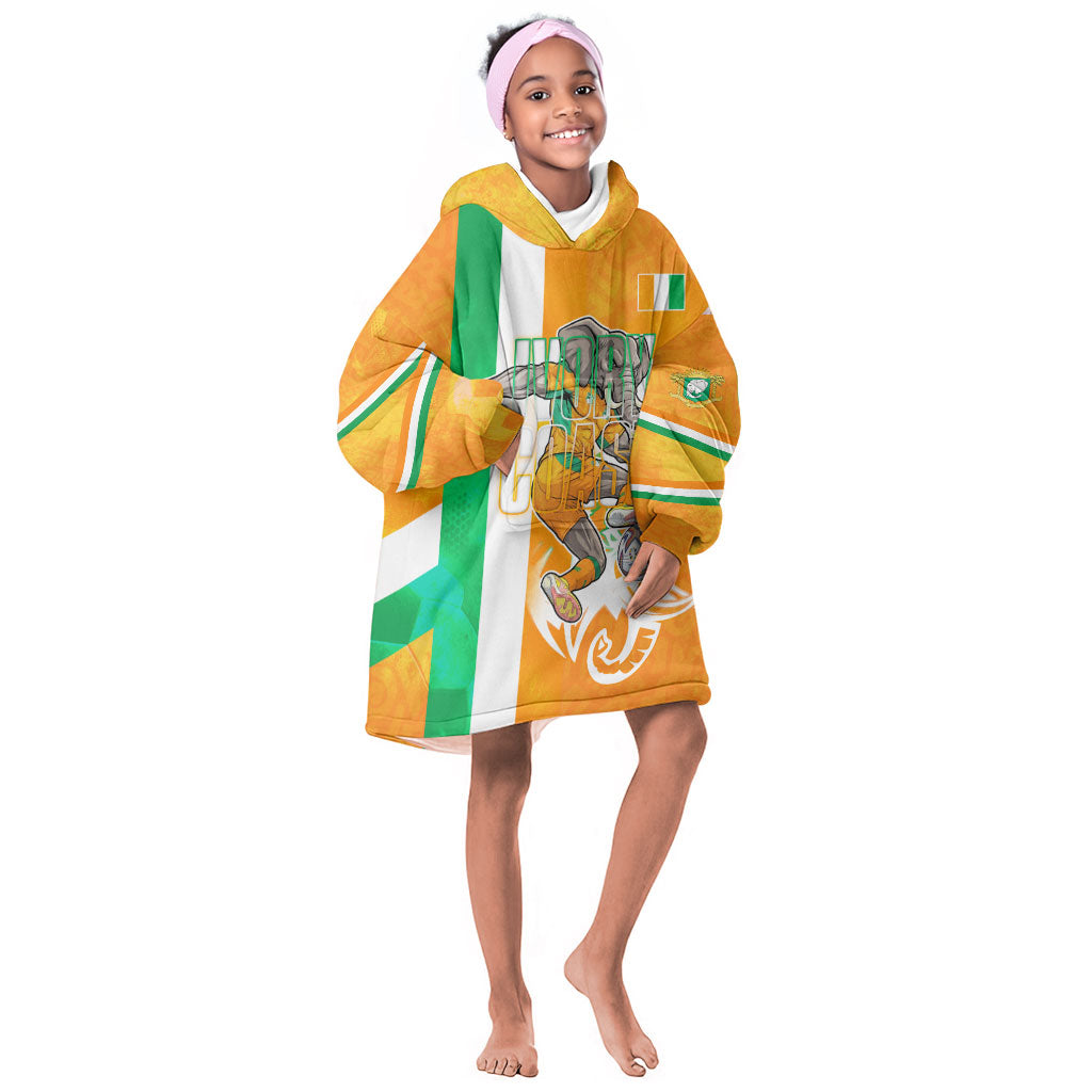Personalized Ivory Coast Football Kid Wearable Blanket Hoodie Elephant Mascot Flag - Comic Style Graphic