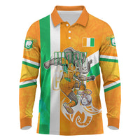 Personalized Ivory Coast Football Long Sleeve Polo Shirt Elephant Mascot Flag - Comic Style Graphic