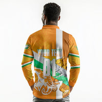 Personalized Ivory Coast Football Long Sleeve Polo Shirt Elephant Mascot Flag - Comic Style Graphic
