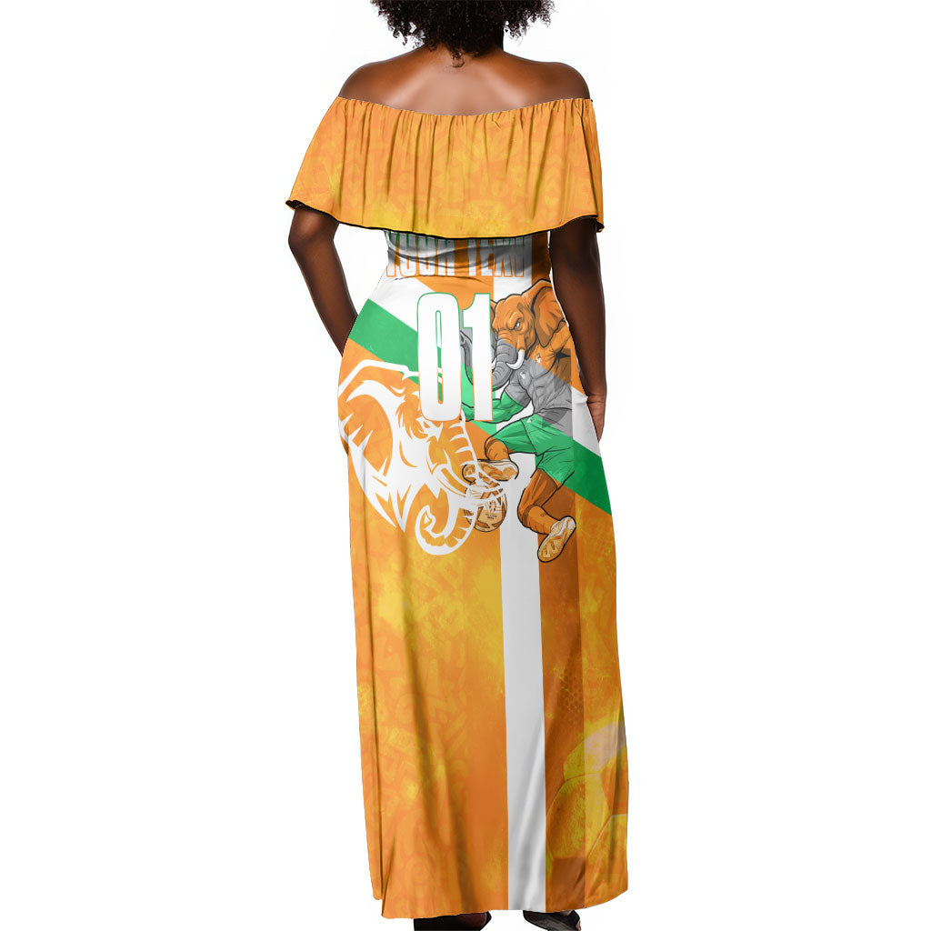 Personalized Ivory Coast Football Off Shoulder Maxi Dress Elephant Mascot Flag - Comic Style Graphic