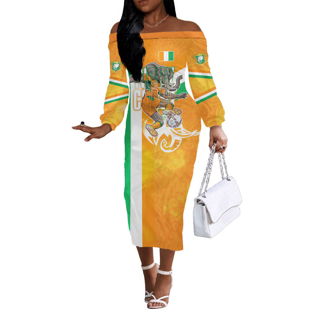 Personalized Ivory Coast Football Off The Shoulder Long Sleeve Dress Elephant Mascot Flag - Comic Style Graphic