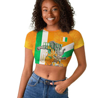 Personalized Ivory Coast Football Raglan Cropped T shirt Elephant Mascot Flag - Comic Style Graphic