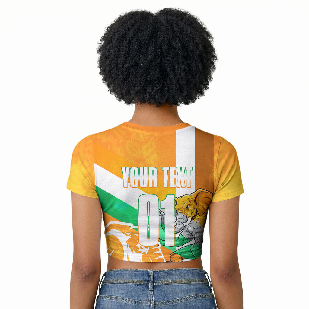 Personalized Ivory Coast Football Raglan Cropped T shirt Elephant Mascot Flag - Comic Style Graphic