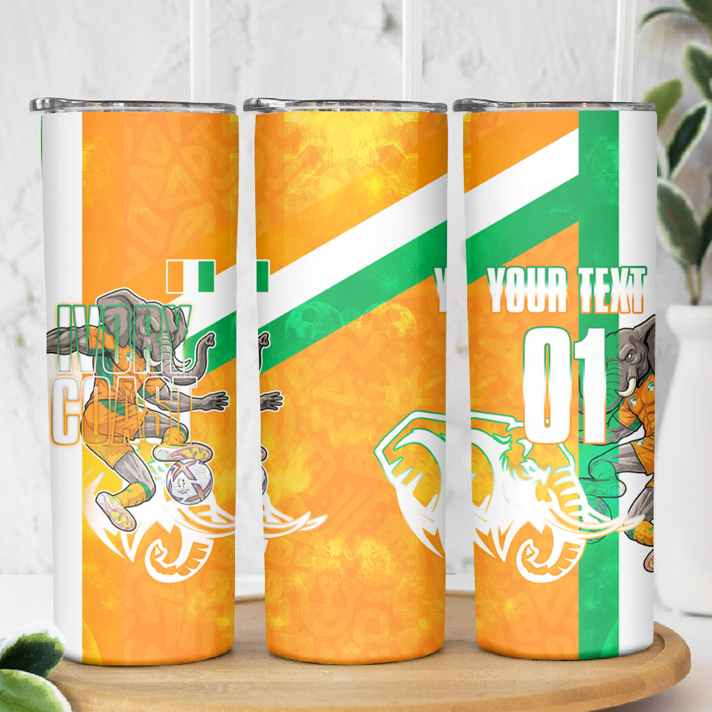 Personalized Ivory Coast Football Skinny Tumbler Elephant Mascot Flag - Comic Style Graphic