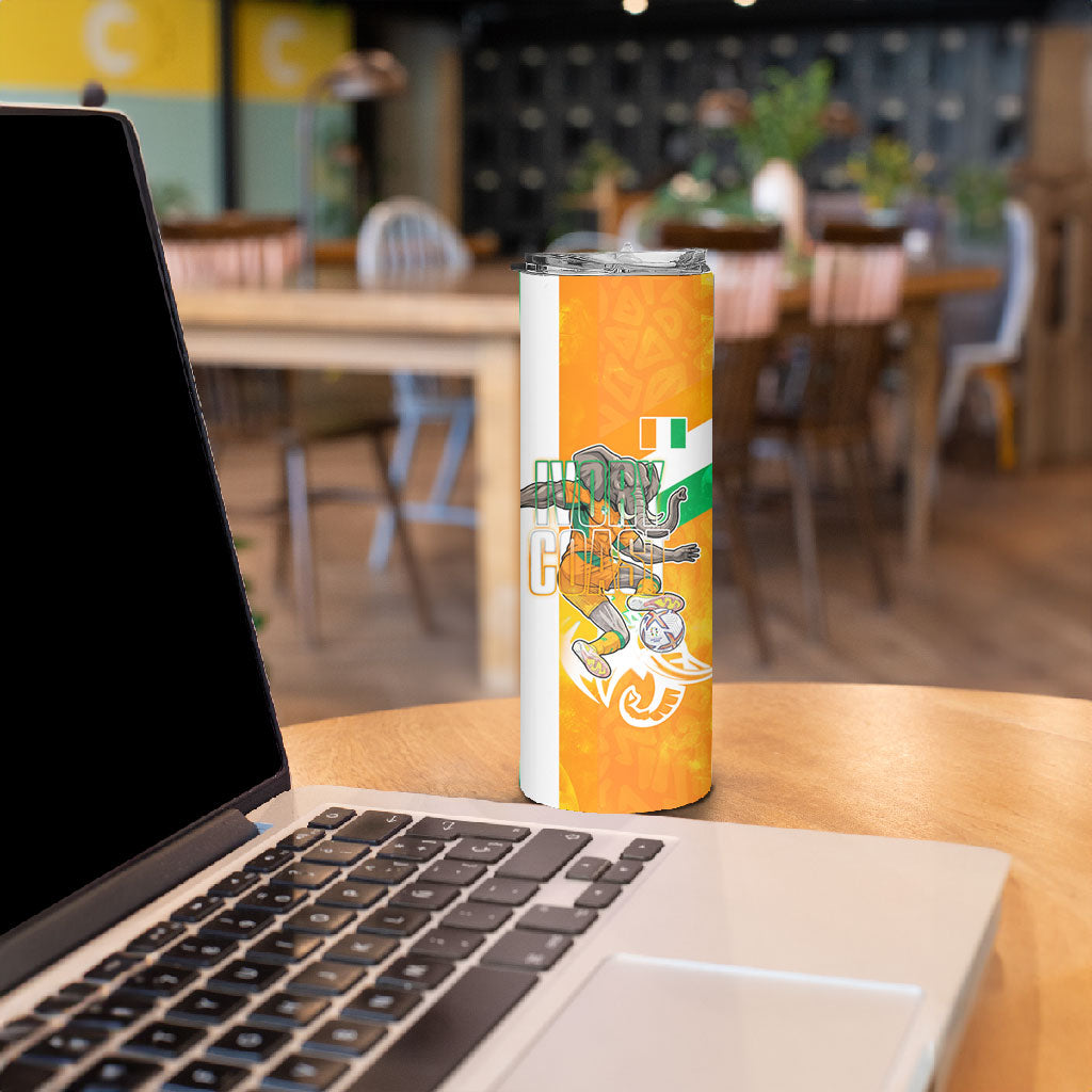 Personalized Ivory Coast Football Skinny Tumbler Elephant Mascot Flag - Comic Style Graphic