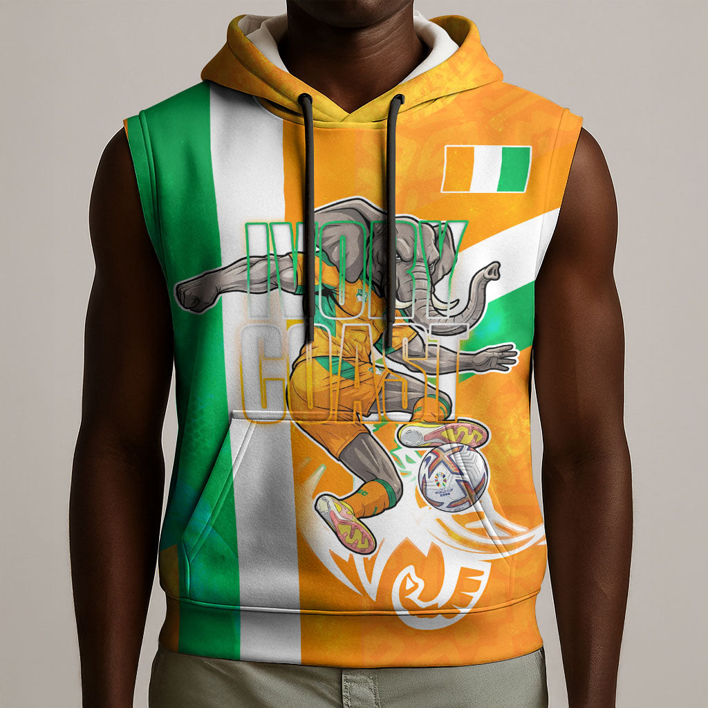 Personalized Ivory Coast Football Sleeveless Hoodie Elephant Mascot Flag - Comic Style Graphic