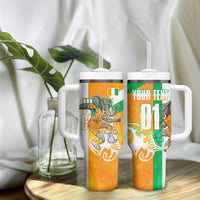 Personalized Ivory Coast Football Tumbler With Handle Elephant Mascot Flag - Comic Style Graphic