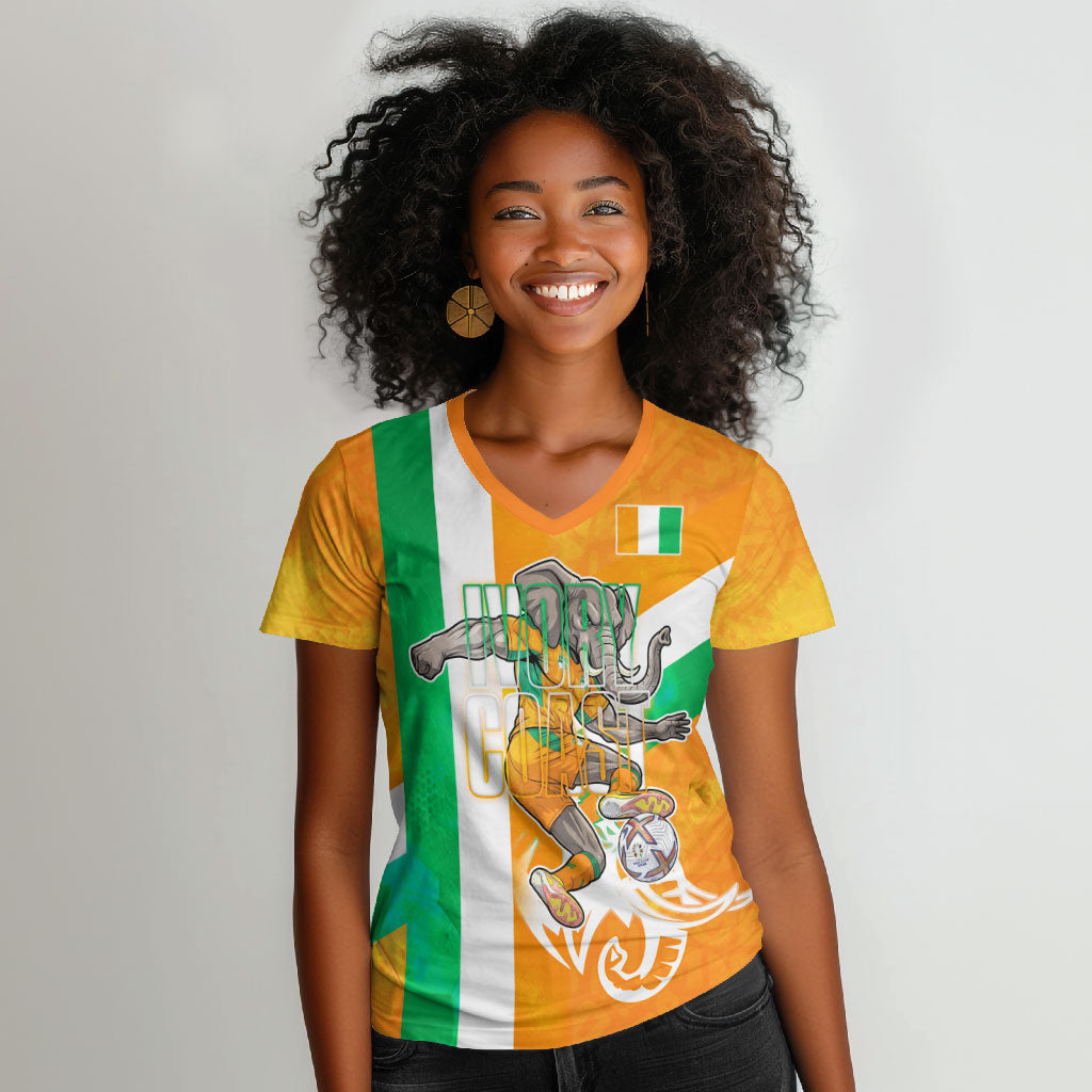 Personalized Ivory Coast Football Women V-Neck T-Shirt Elephant Mascot Flag - Comic Style Graphic