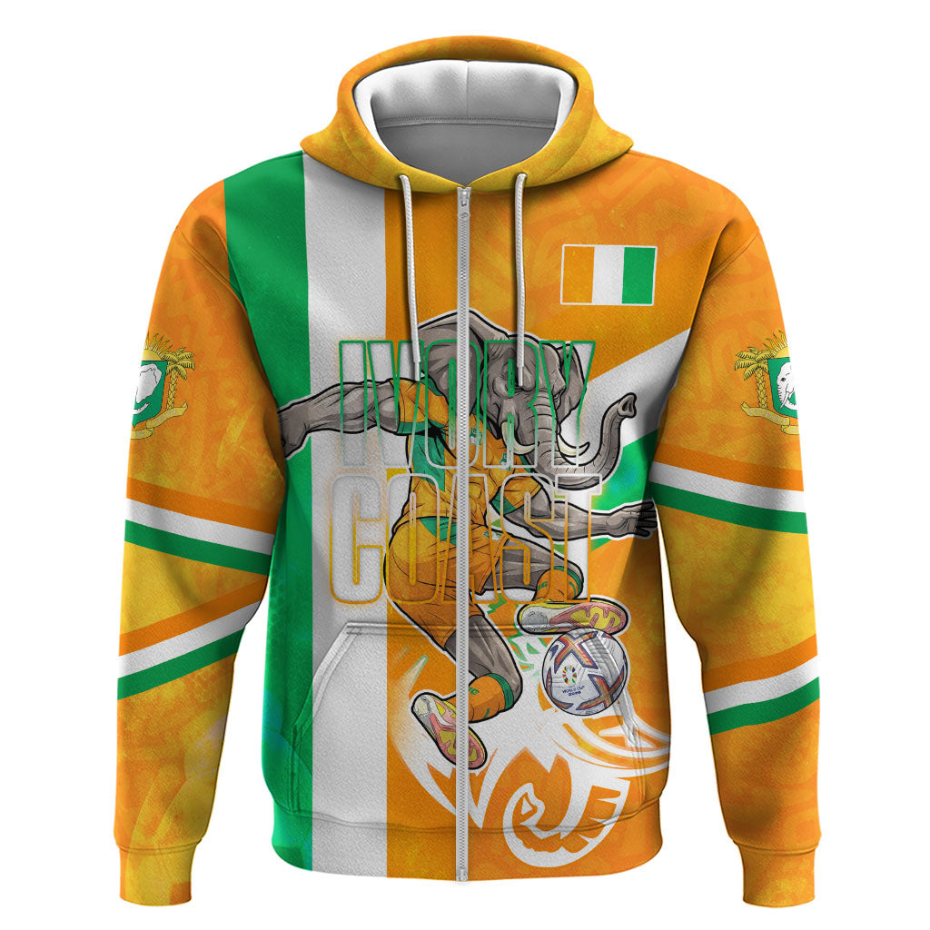 Personalized Ivory Coast Football Zip Hoodie Elephant Mascot Flag - Comic Style Graphic