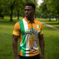 Personalized Ivory Coast Football Zipper Polo Shirt Elephant Mascot Flag - Comic Style Graphic