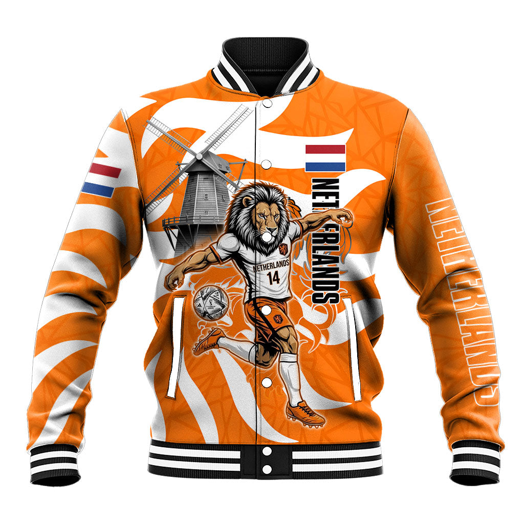 Personalized Netherlands Football Lion Mascot Baseball Jacket Dutch Orange Flag Windmill Symbol Comic