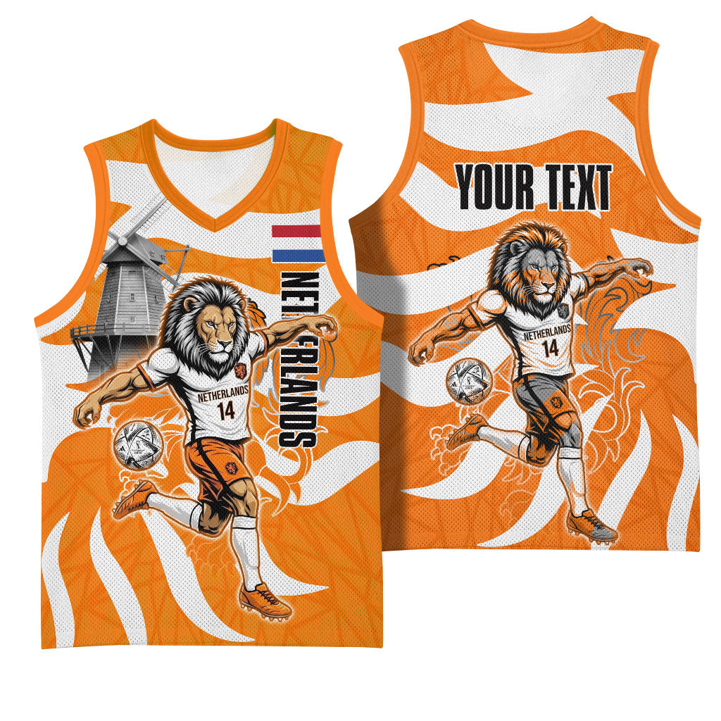 Personalized Netherlands Football Lion Mascot Basketball Jersey Dutch Orange Flag Windmill Symbol Comic