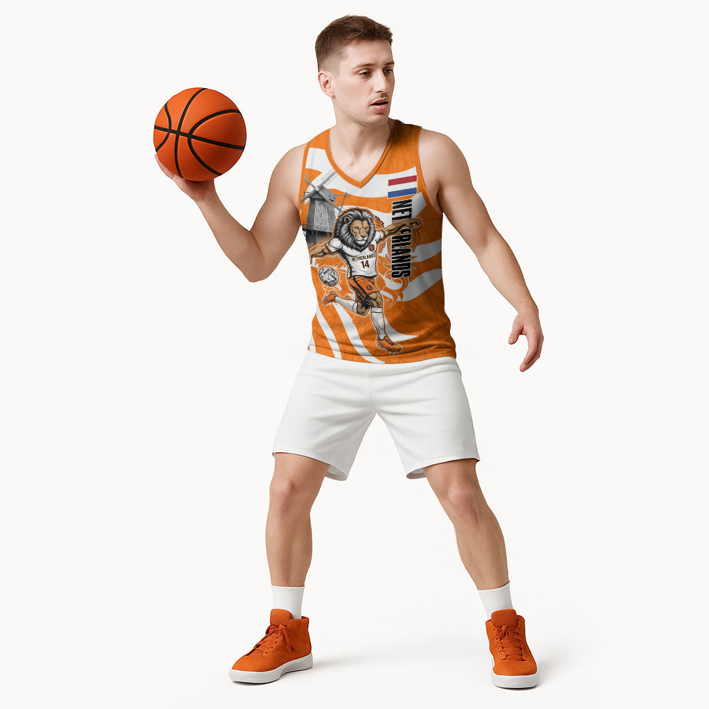 Personalized Netherlands Football Lion Mascot Basketball Jersey Dutch Orange Flag Windmill Symbol Comic