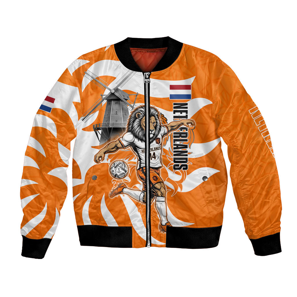 Personalized Netherlands Football Lion Mascot Bomber Jacket Dutch Orange Flag Windmill Symbol Comic