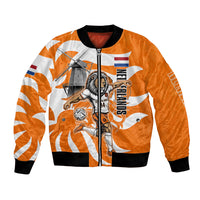Personalized Netherlands Football Lion Mascot Bomber Jacket Dutch Orange Flag Windmill Symbol Comic