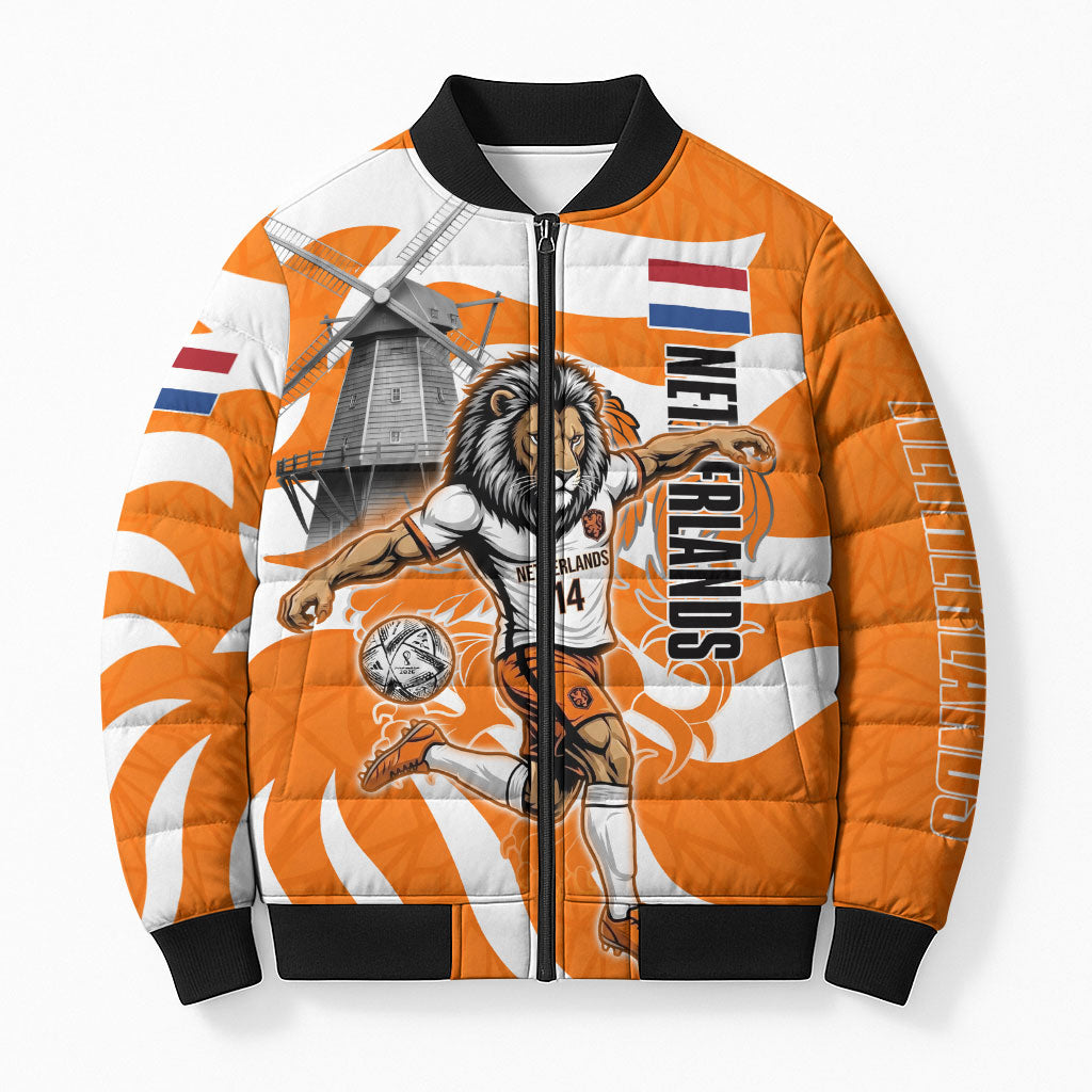 Personalized Netherlands Football Lion Mascot Bomber Puffer Jacket Dutch Orange Flag Windmill Symbol Comic