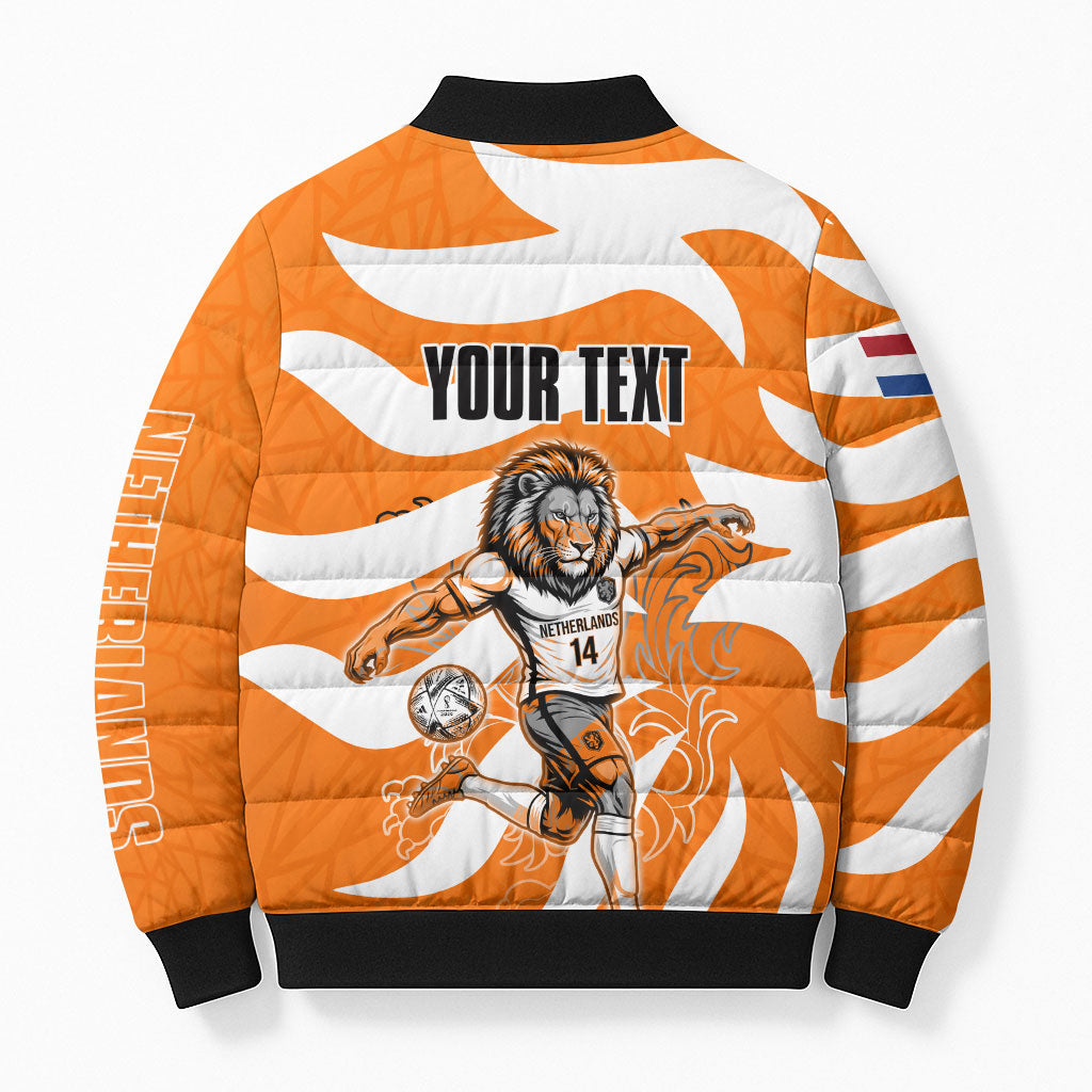 Personalized Netherlands Football Lion Mascot Bomber Puffer Jacket Dutch Orange Flag Windmill Symbol Comic
