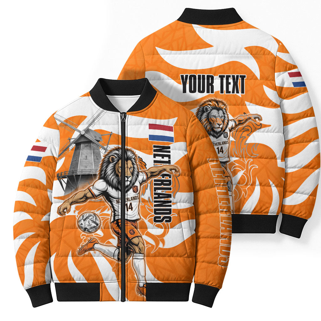 Personalized Netherlands Football Lion Mascot Bomber Puffer Jacket Dutch Orange Flag Windmill Symbol Comic