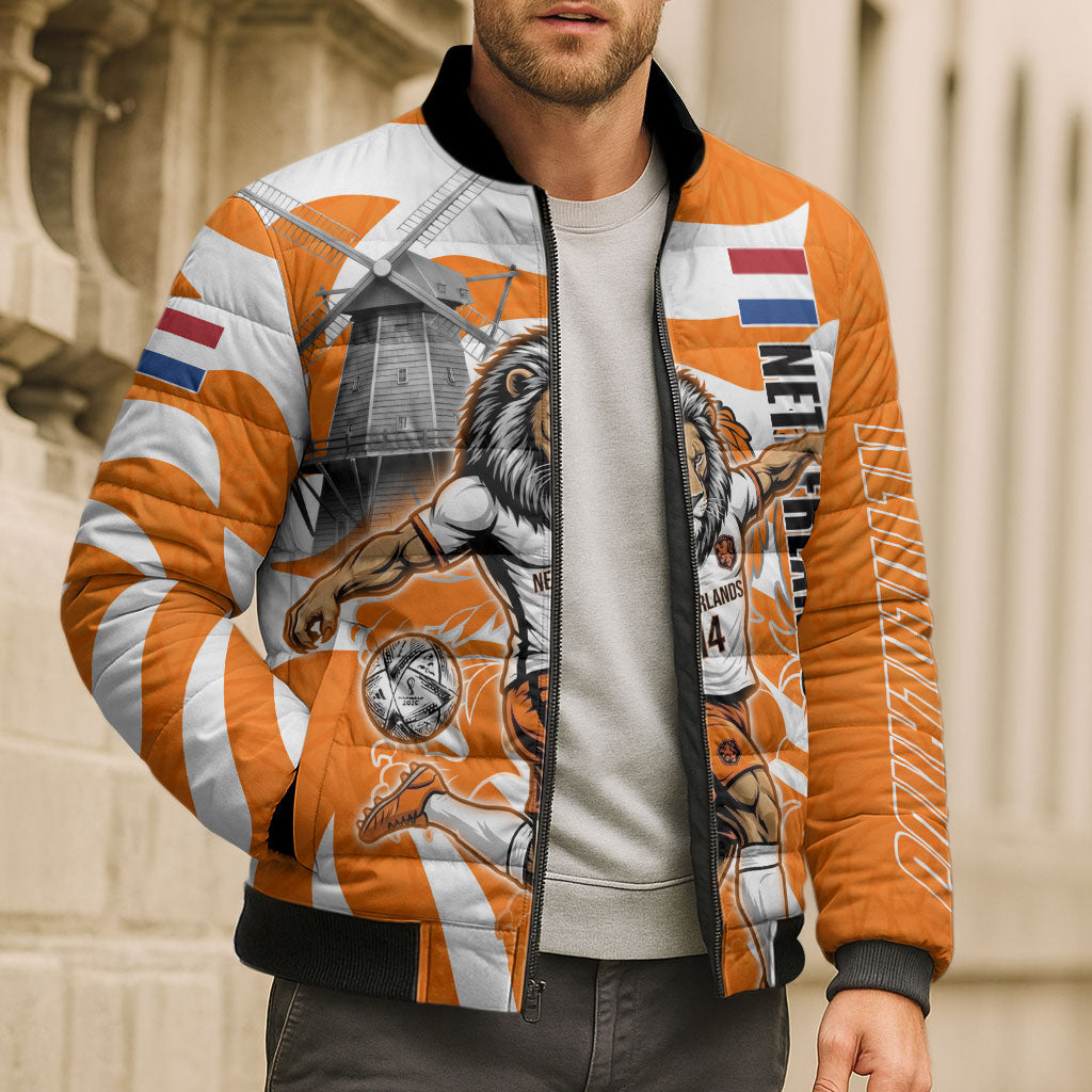 Personalized Netherlands Football Lion Mascot Bomber Puffer Jacket Dutch Orange Flag Windmill Symbol Comic