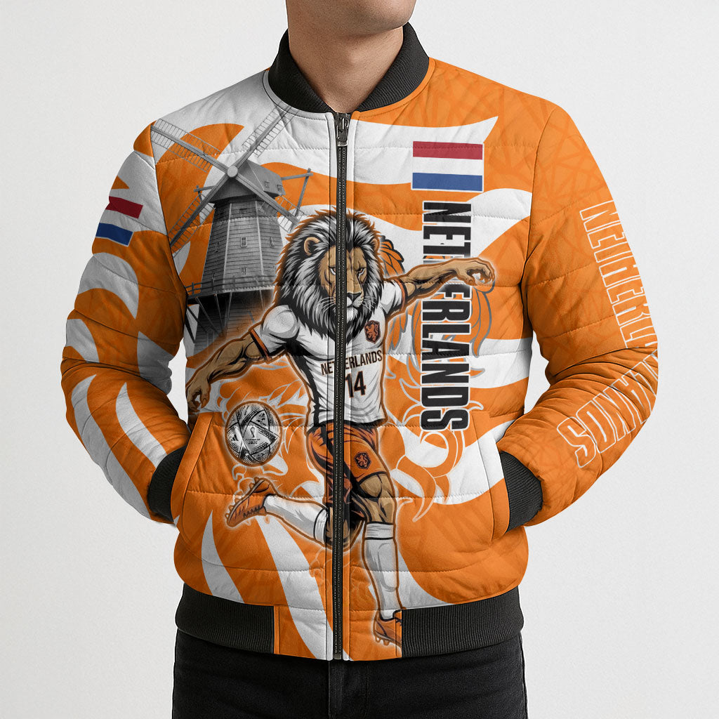Personalized Netherlands Football Lion Mascot Bomber Puffer Jacket Dutch Orange Flag Windmill Symbol Comic