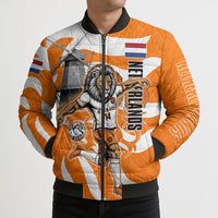 Personalized Netherlands Football Lion Mascot Bomber Puffer Jacket Dutch Orange Flag Windmill Symbol Comic