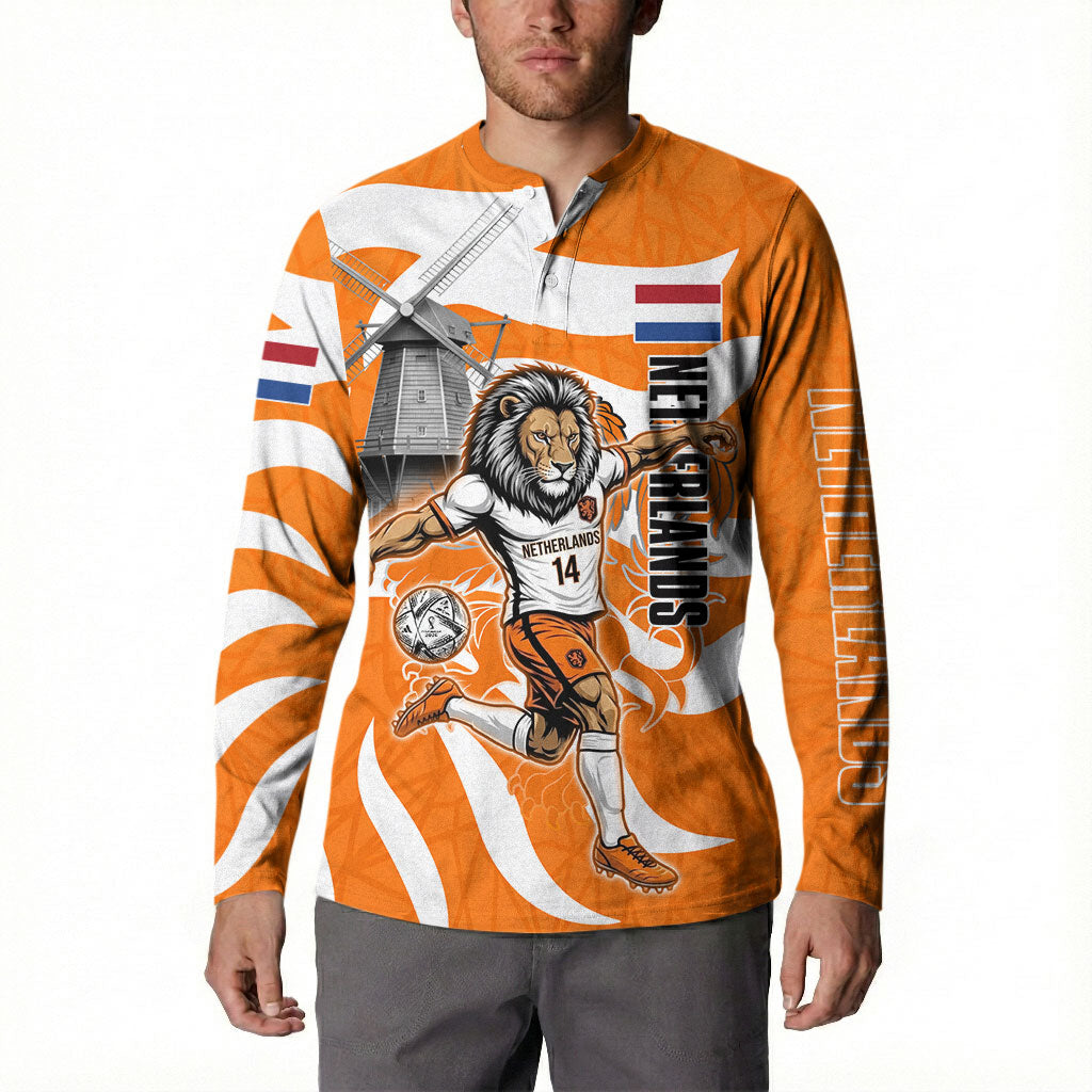 Personalized Netherlands Football Lion Mascot Button Sweatshirt Dutch Orange Flag Windmill Symbol Comic
